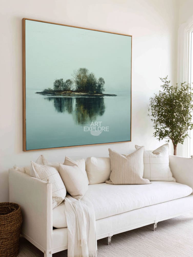 Serene Lake Reflection Painting | Large Modern Square Canvas ArtExplore