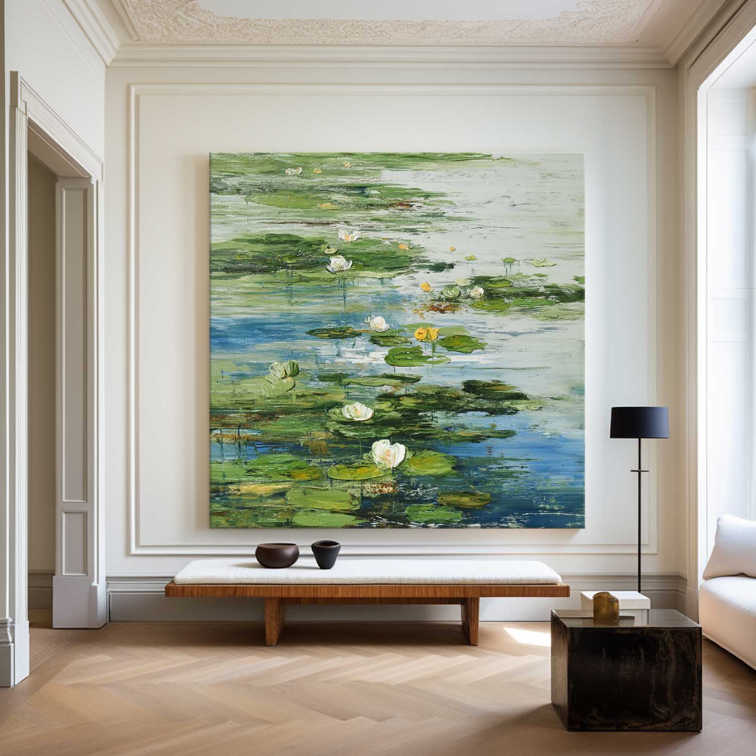 Green Lotus Oil Painting Green Pond Textured Artworks Large Green Abstract Canvas Art For Livingroom