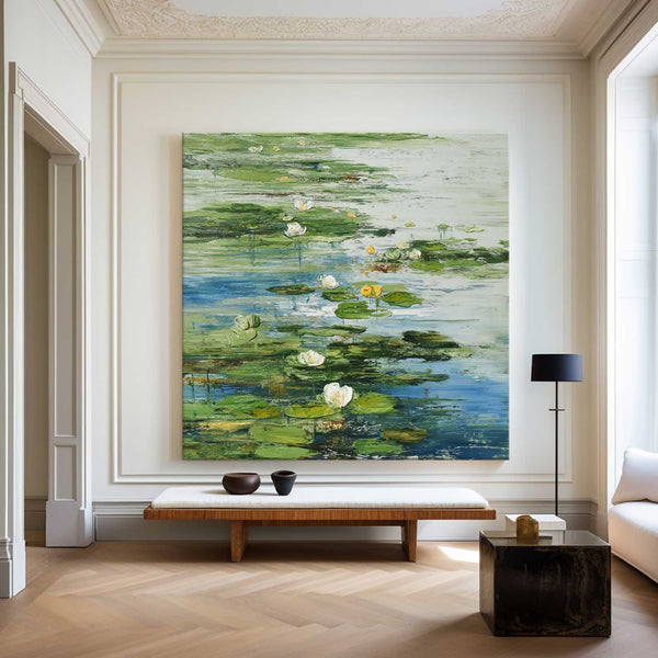 Green Lotus Oil Painting Green Pond Textured Artworks Large Green Abstract Canvas Art For Livingroom