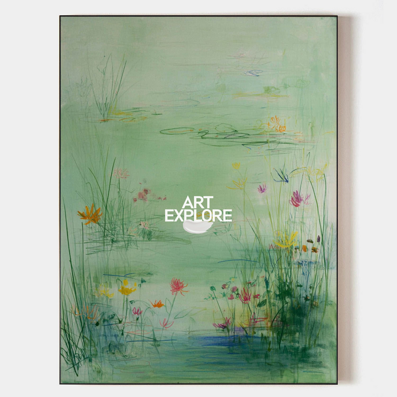 Green Lotus Pond Landscape Painting – Large Wabi-Sabi Wall Art | Handmad