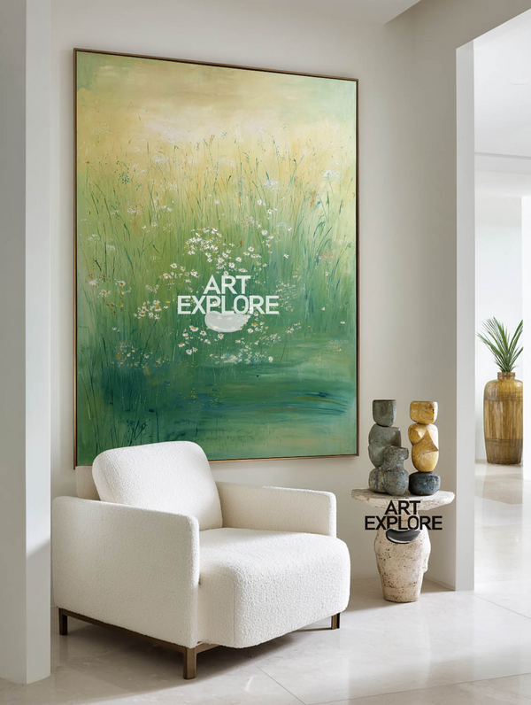Green Lotus Pond Oil Painting for Modern Large Wall Décor – Vertical Canvas | ArtExplore
