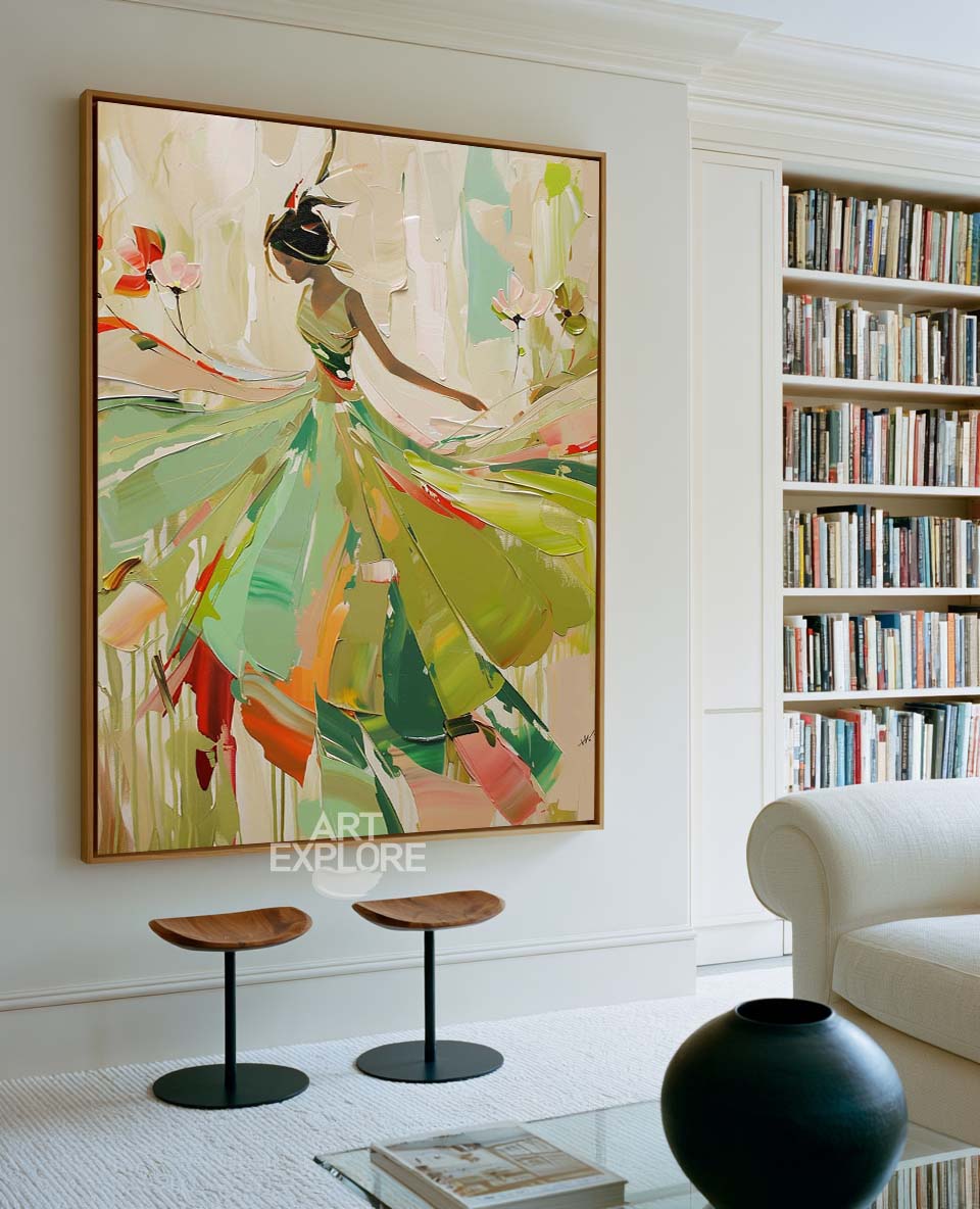 Green Painting Of Dancing Girl African Ballerina Dancing Wall Art palette knife art painting