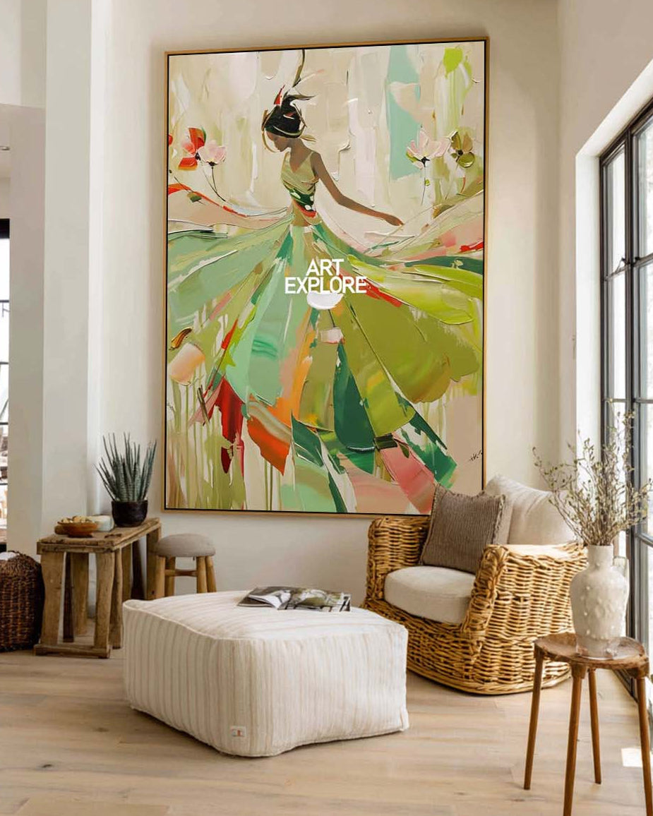 Green Painting Of Dancing Girl African Ballerina Dancing Wall Art palette knife art painting