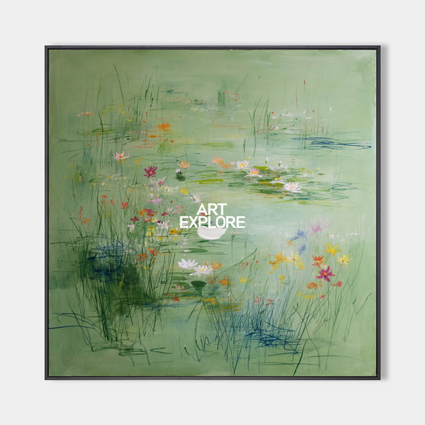 Green Water Lily Artwork | Modern Handmade Canvas Wall Decor | ArtExplore