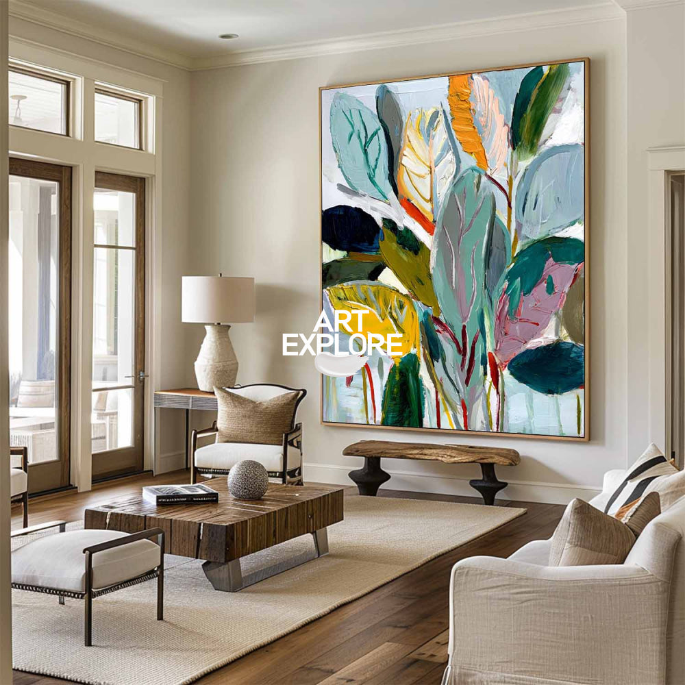 Hand-Drawn Colorful Plant Painting Luxury Office Wall Decor