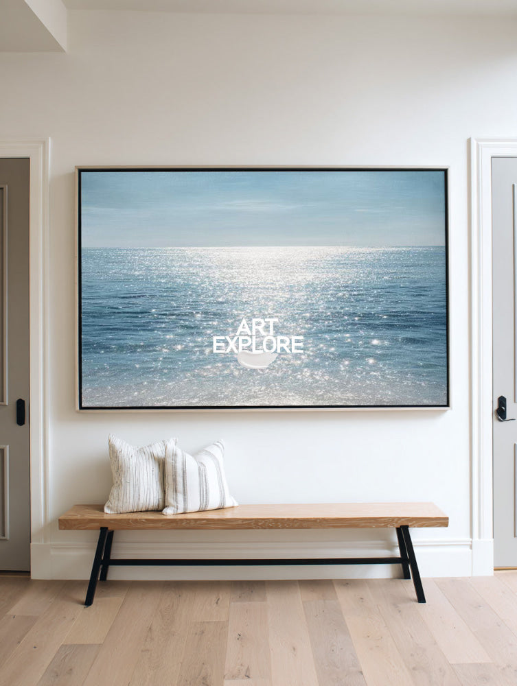 Hand-Painted Luminous Sea Painting Blue & White Shimmering
