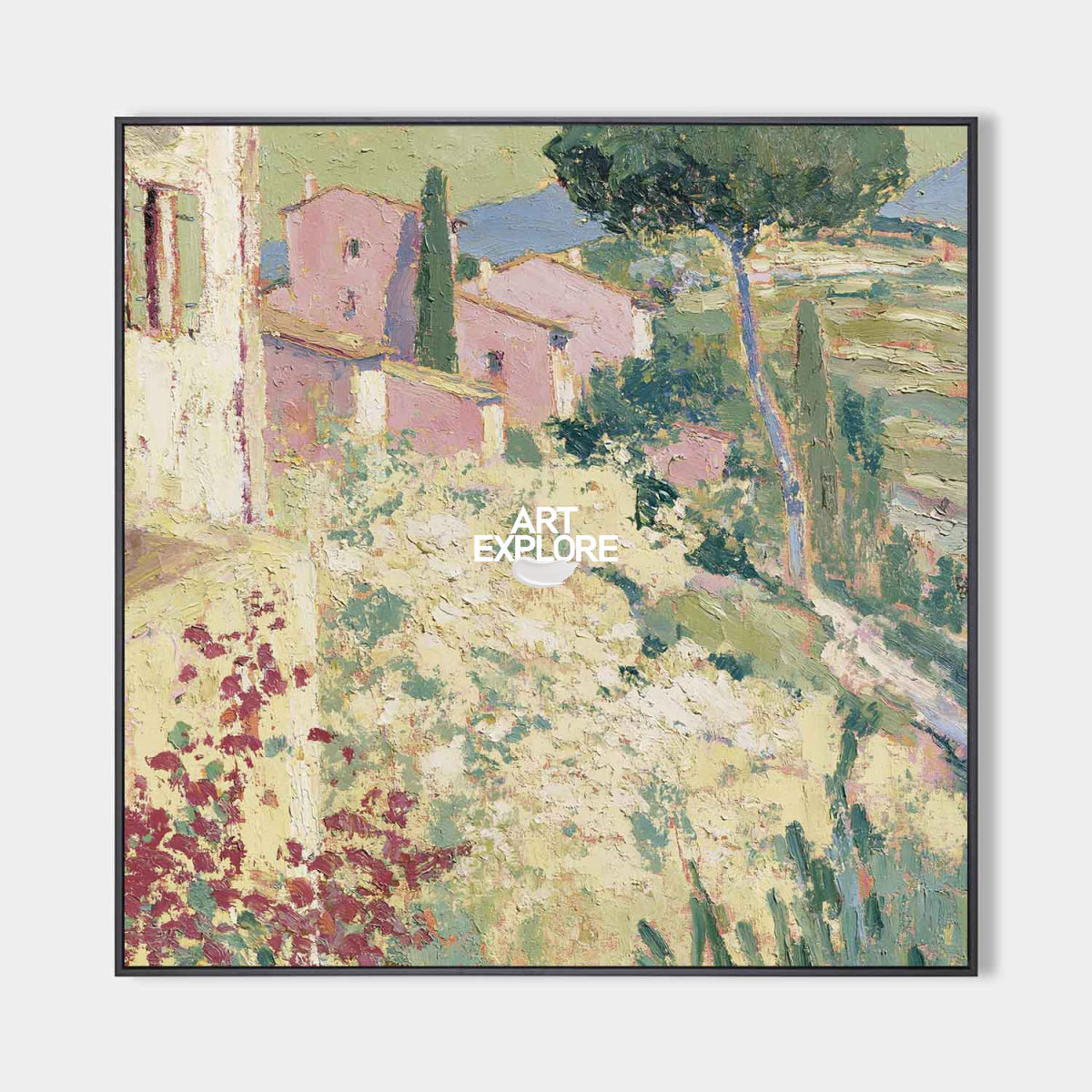 Hand-Painted Mediterranean Landscape Canvas Art With Green Hills And Yellow Sunlight