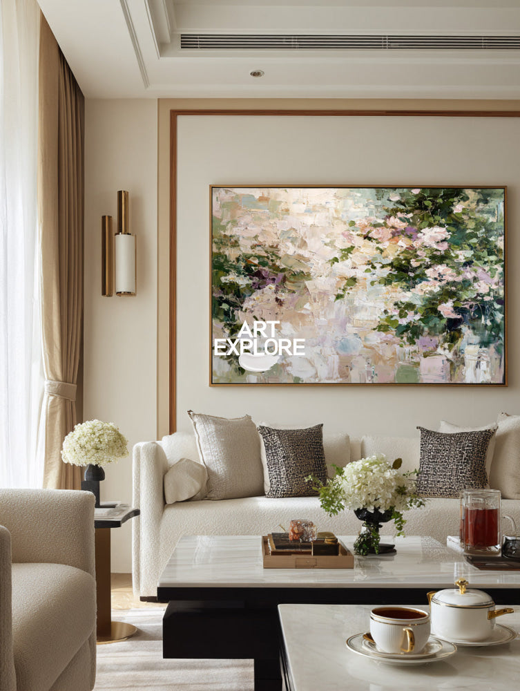 Hand-Painted Modern Impressionist Rose Garden Large Wall Art