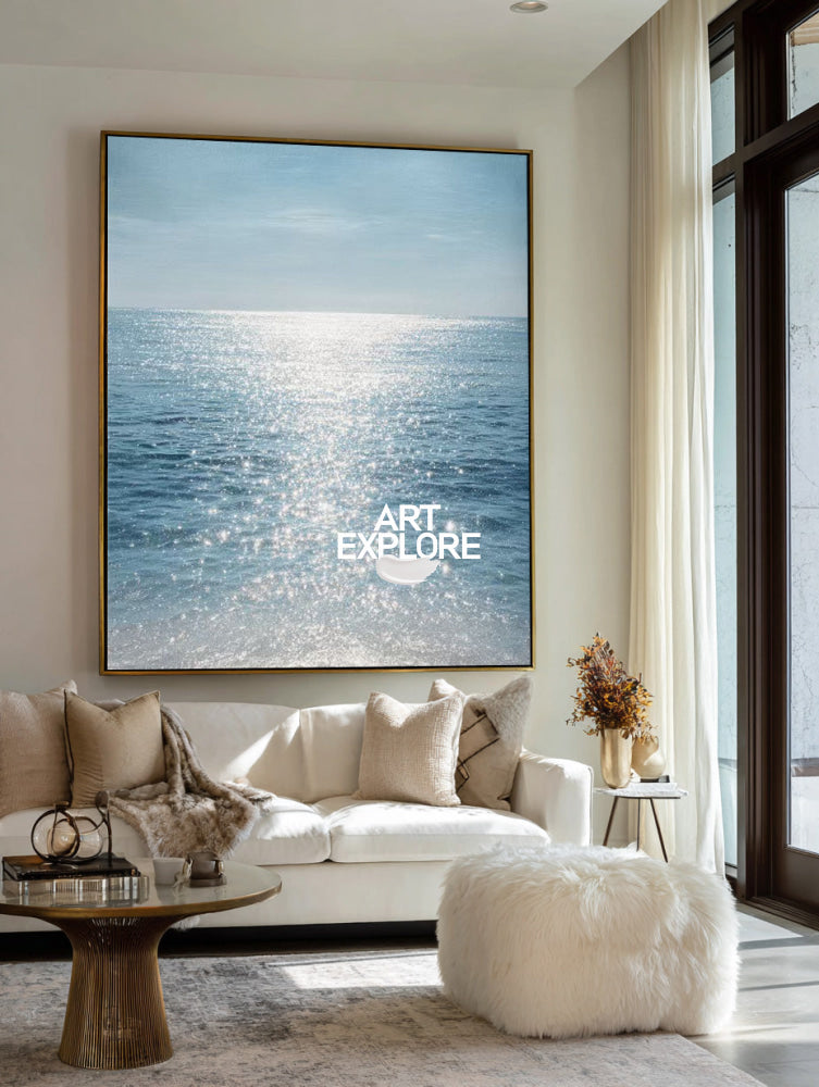 Hand-Painted Modern Impressionist Sea Painting Large Sun Dazzle Canvas