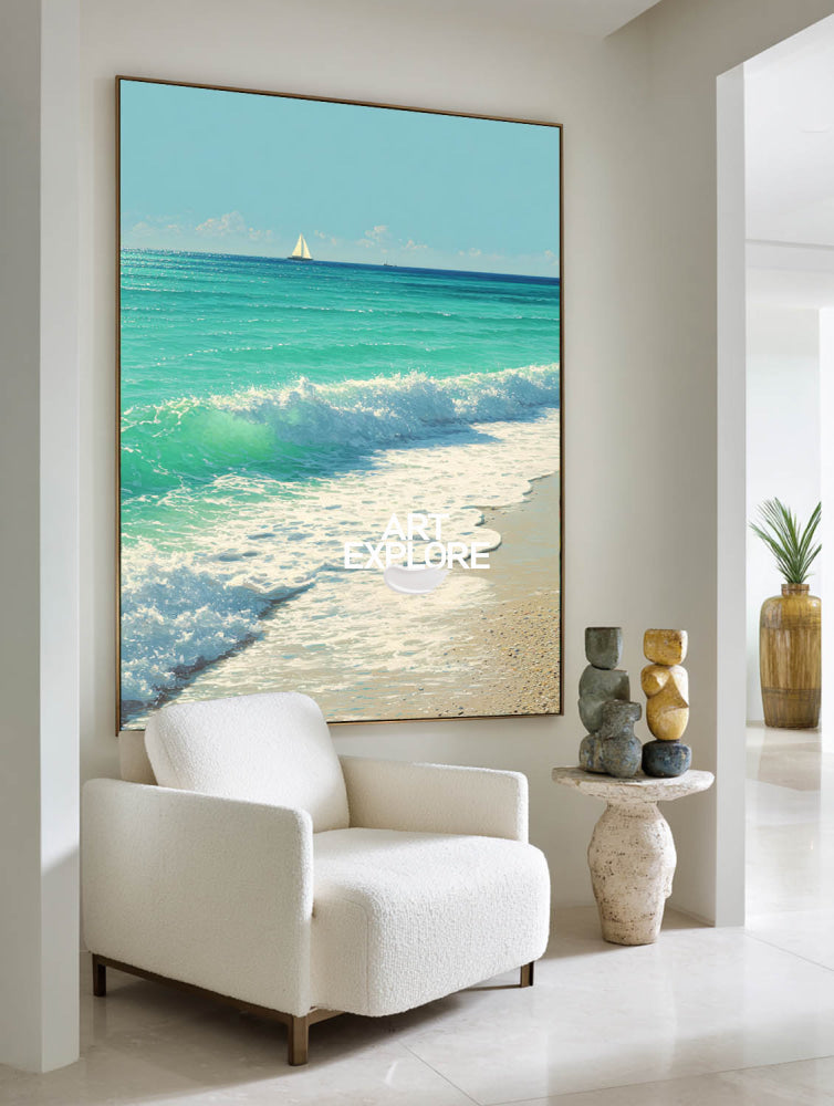Hand-Painted Modern Ocean Painting Large 3D Impasto Seafoam Canvas