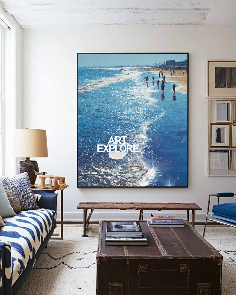 Hand-Painted Modern Sea Painting Large Sun Dazzle Canvas