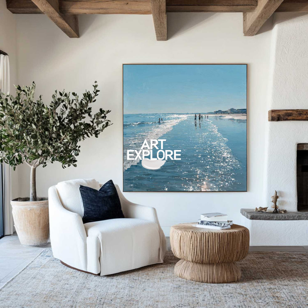 Hand-Painted Summer Shoreline Abstract Large Textured Seascape Art
