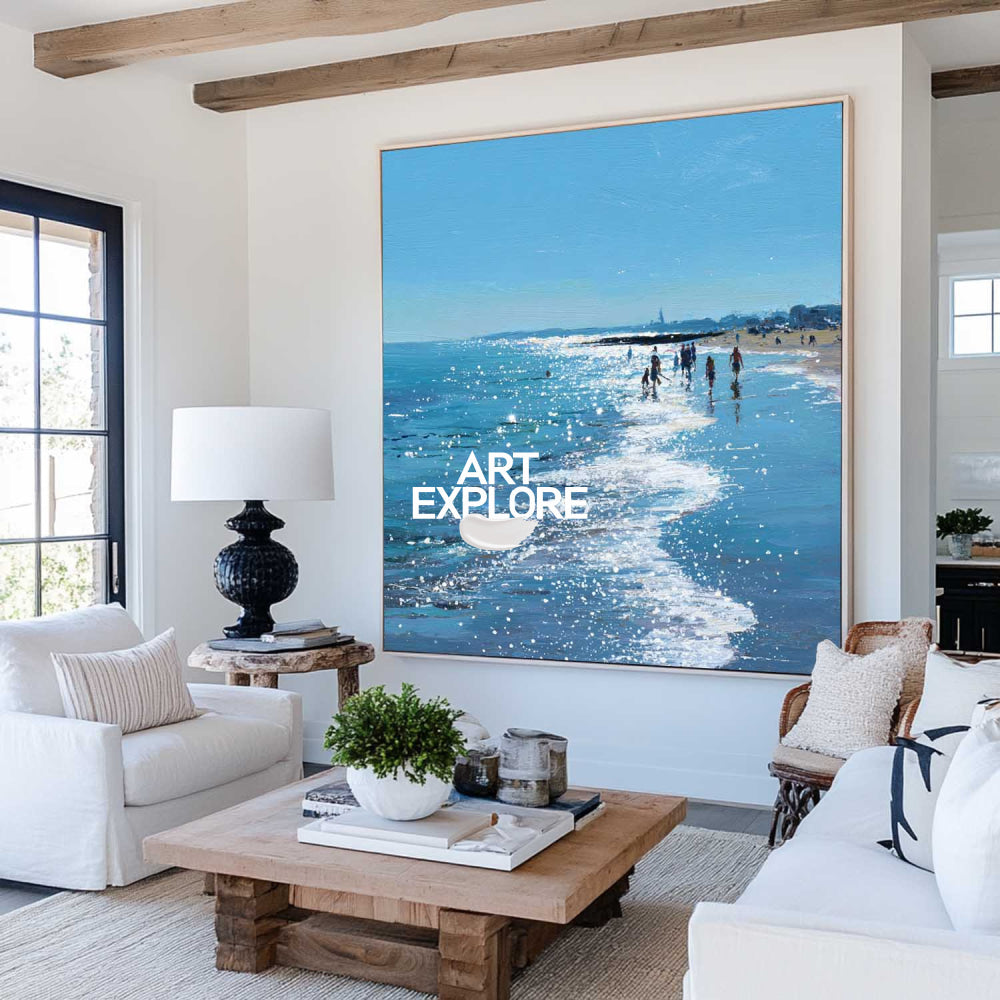 Hand-Painted Textured Summer Shore Painting Large Sun Dazzle Canvas