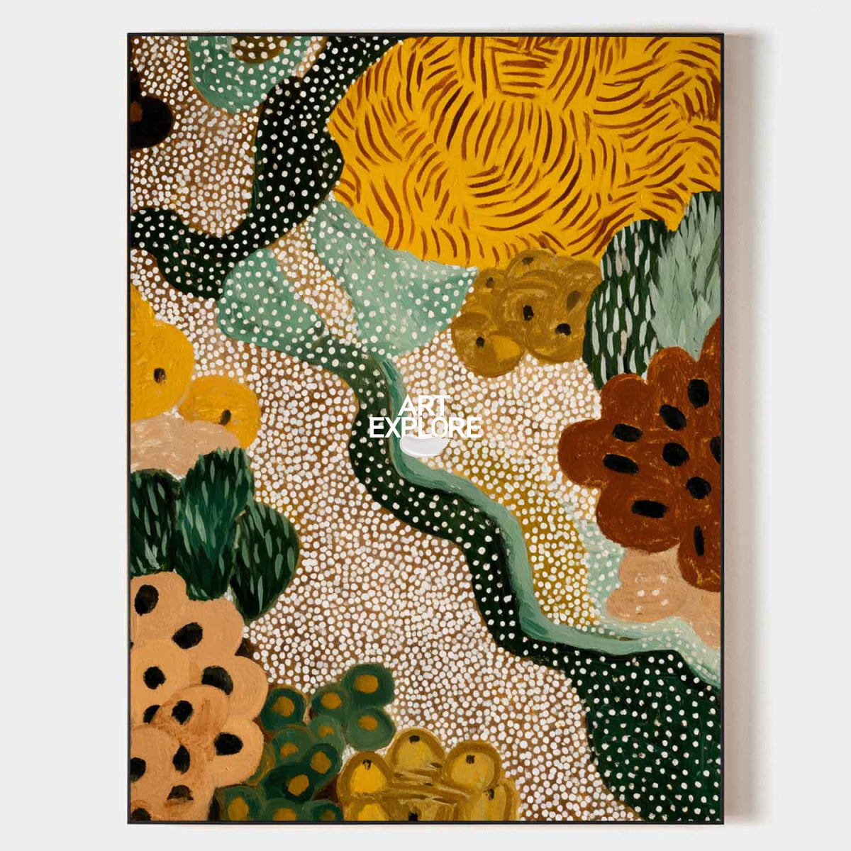 Hand Painted Folk Abstract Art With Green And Yellow Tones For Modern Living Room Decor