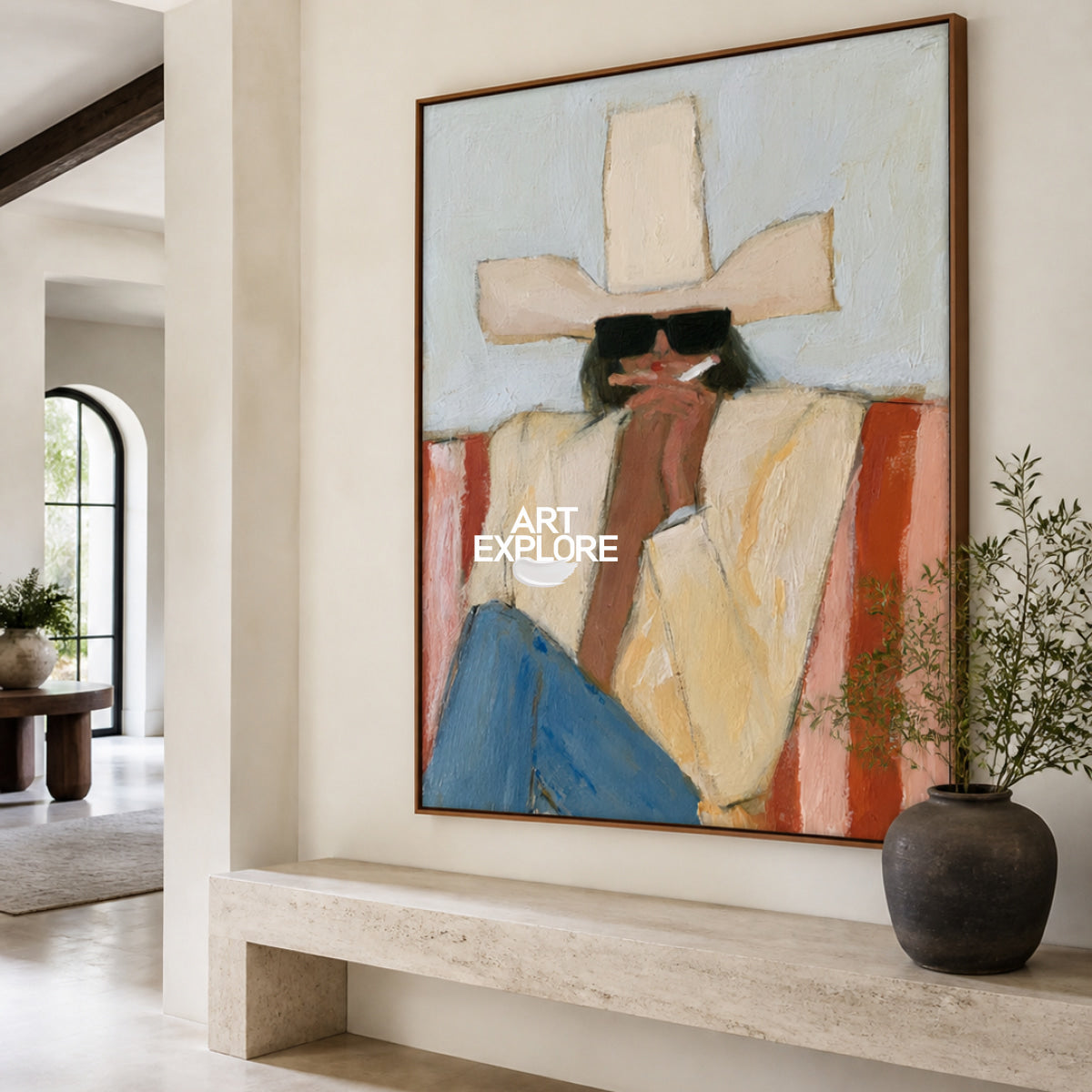 Abstract Cowboy Painting Yellow Blue Tones Modern Wall Art For Living Room Decor