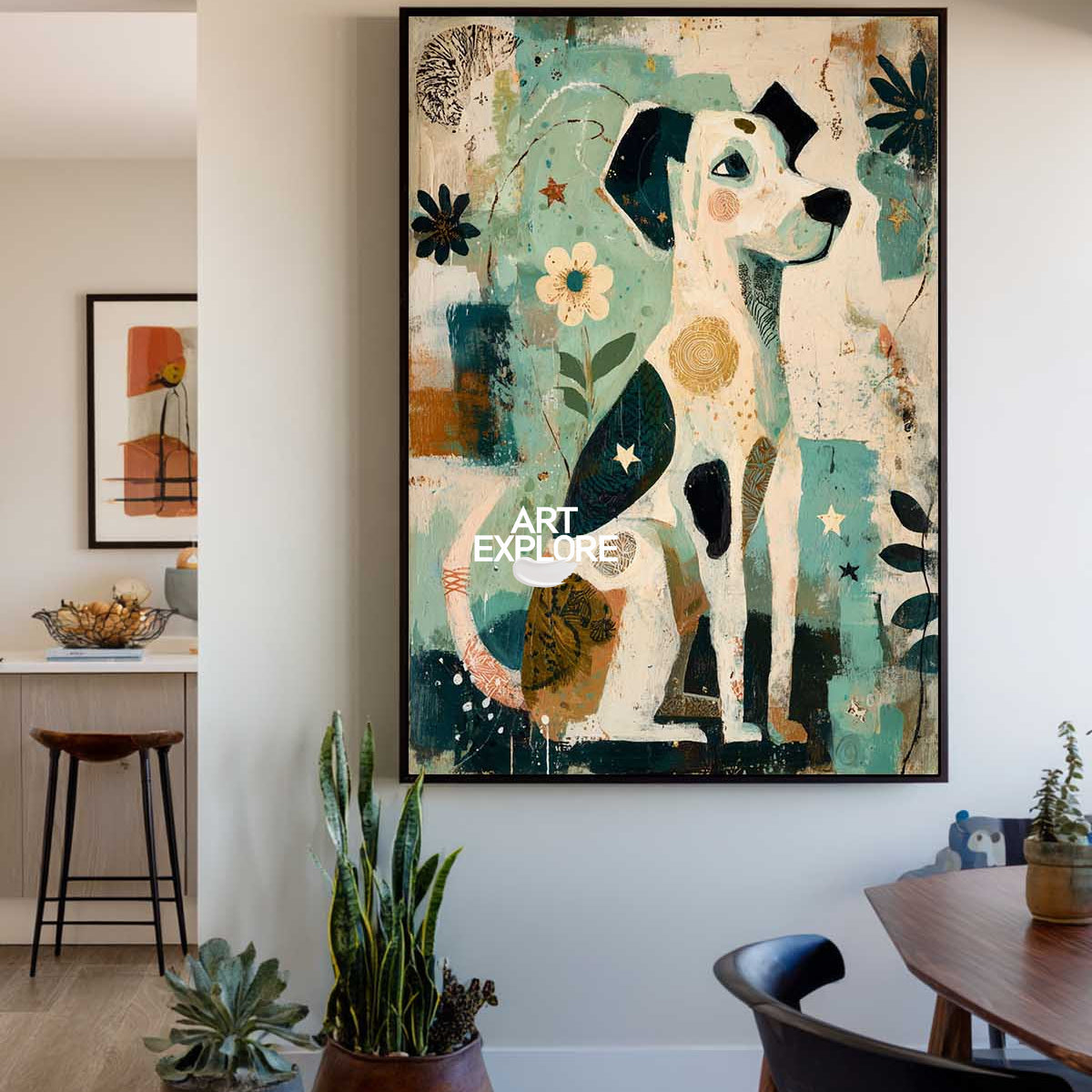 Abstract Dog Painting With Floral Motifs In Beige And Teal For Living Room Decor