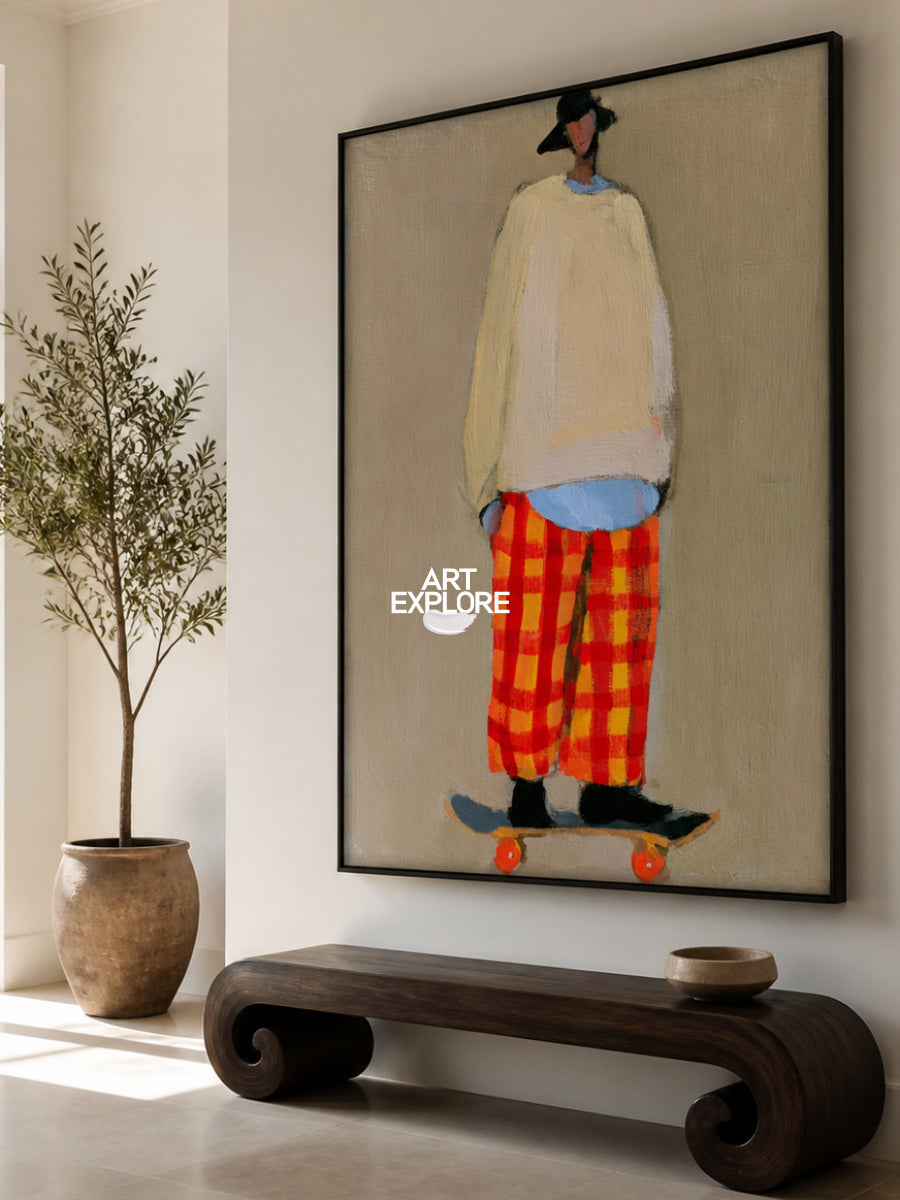 Vibrant Orange Plaid Figure Painting With Skateboard For Contemporary Interior