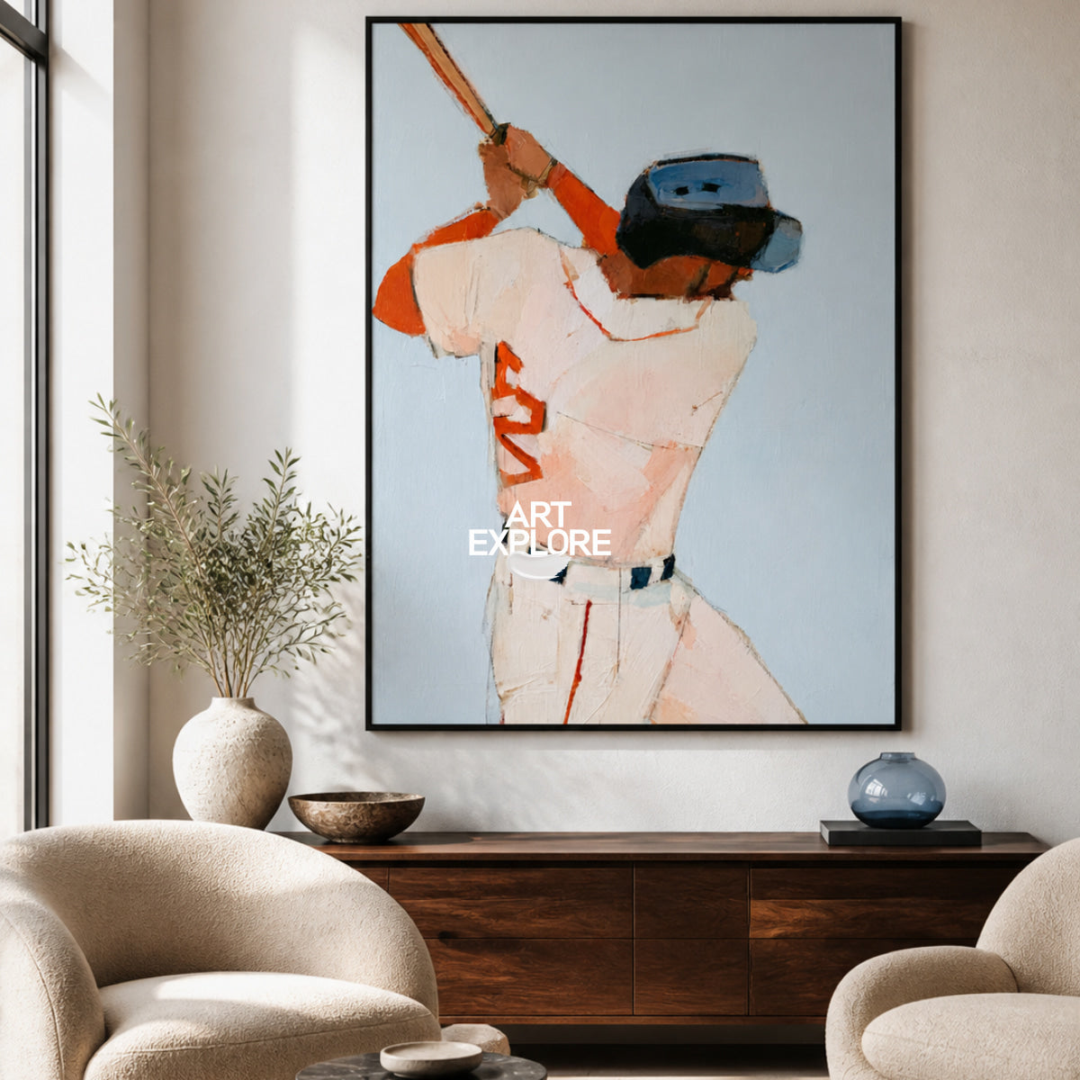 Abstract Baseball Player Painting Blue And White Original Oil Art For Game Room