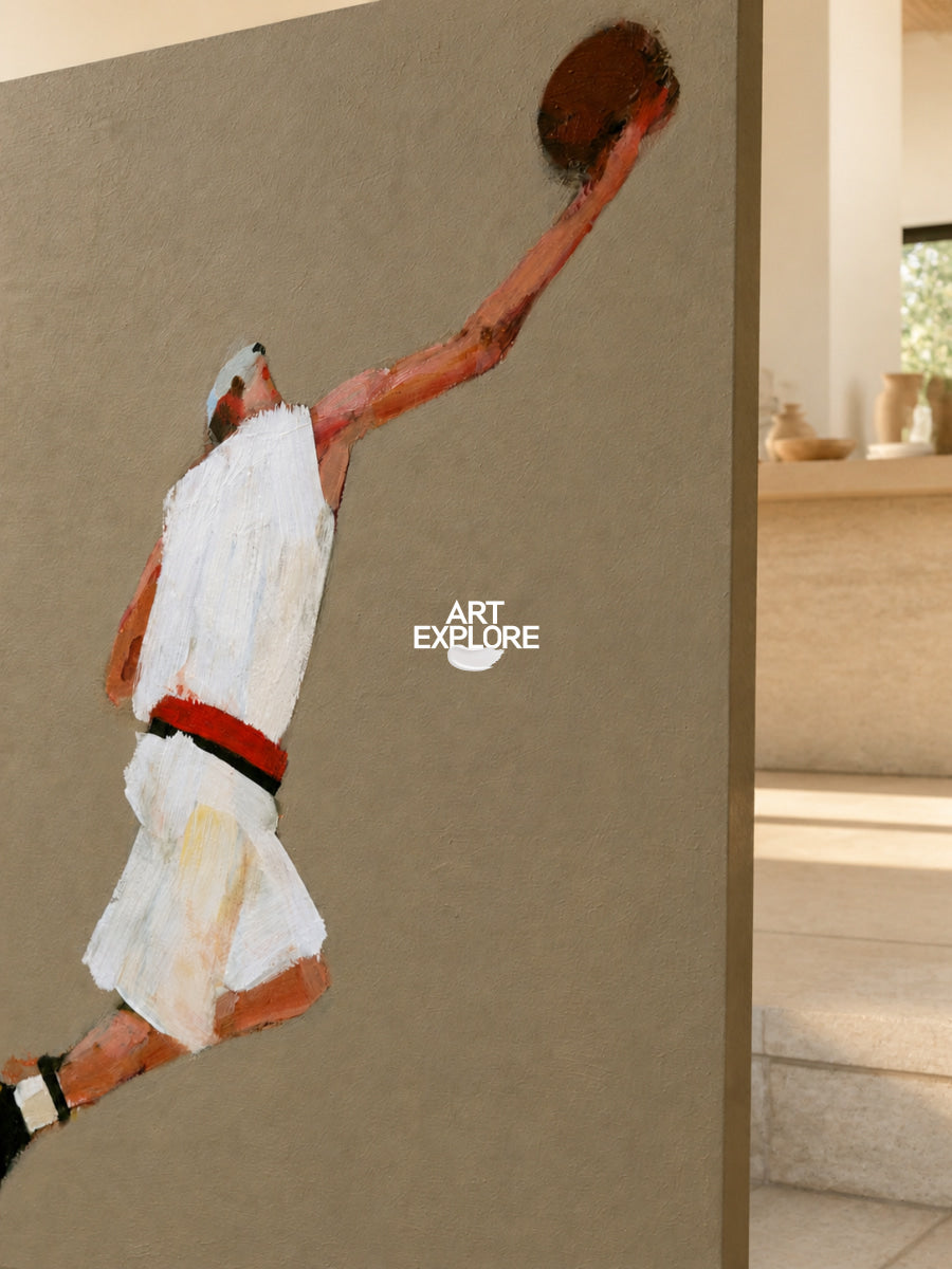 Abstract Basketball Player Canvas Painting In Brown And White For Modern Walls