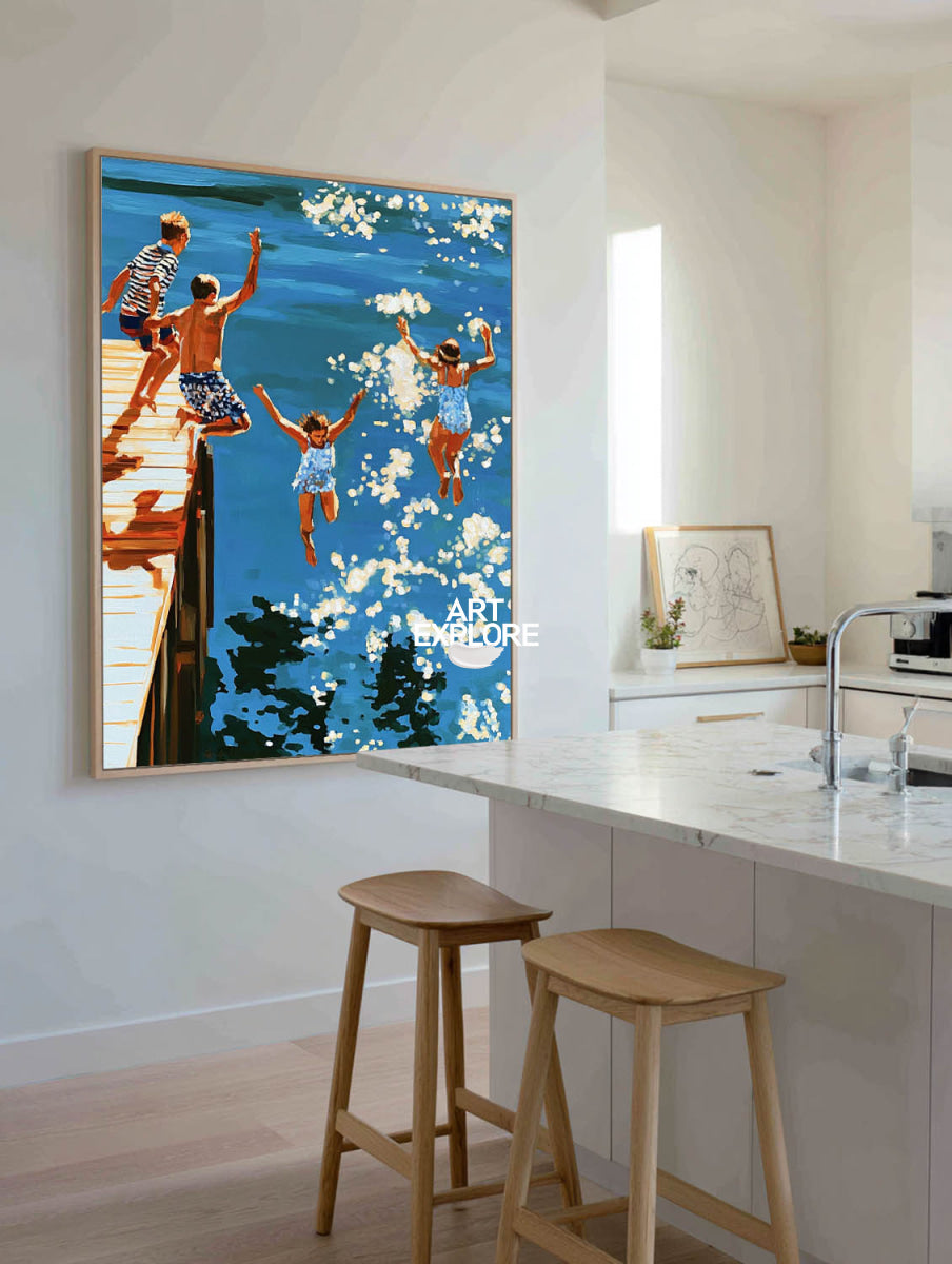 Abstract Pop Art Painting Of Summer Diving Scene For Modern Home Decor