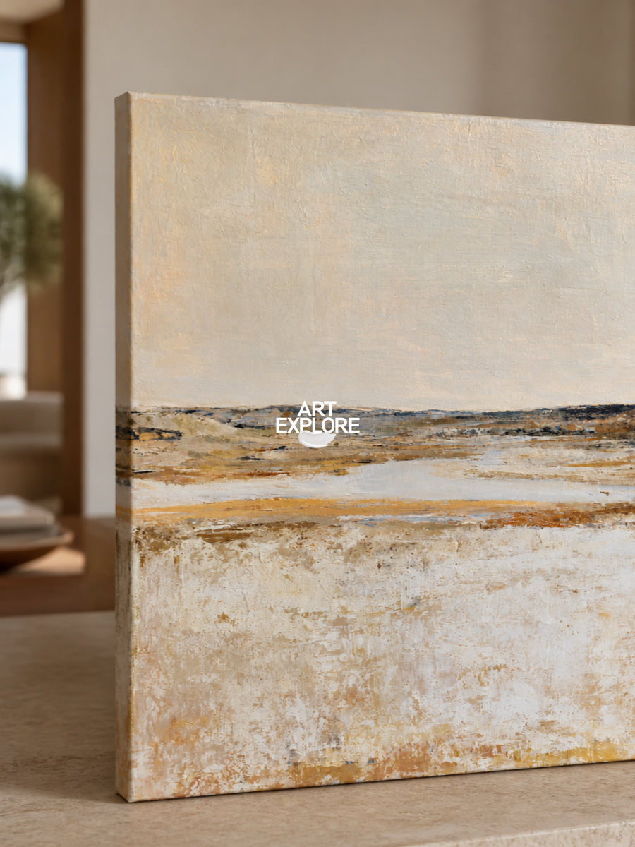 Abstract Horizon Landscape Canvas Painting In Beige And Brown Tones