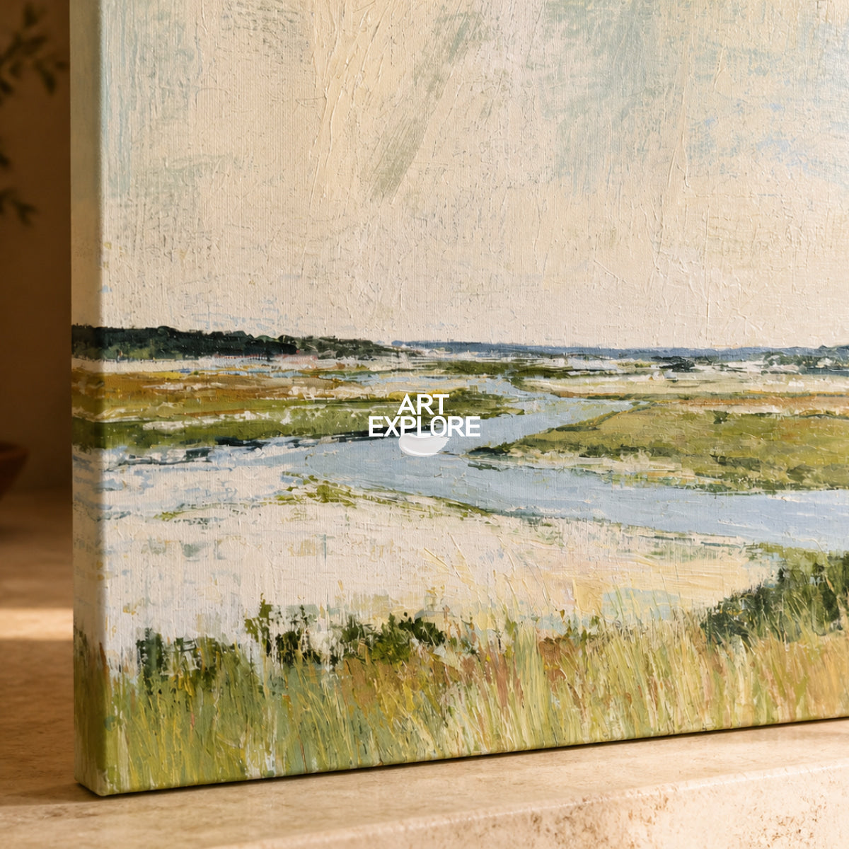 Hand-Painted Coastal Landscape Canvas Art In Warm Beige And Blue Tones