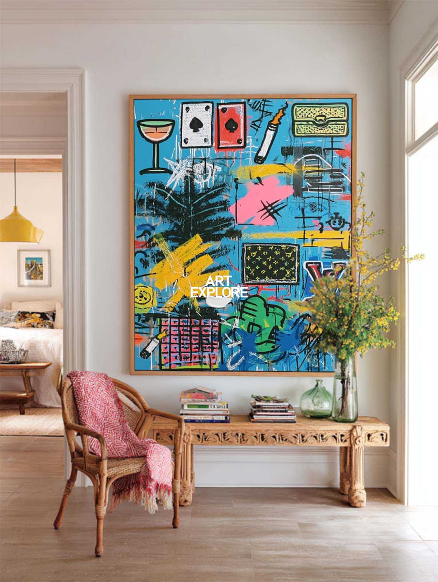 Original Blue Graffiti Art With Pop Culture Icons For Modern Living Room Decor
