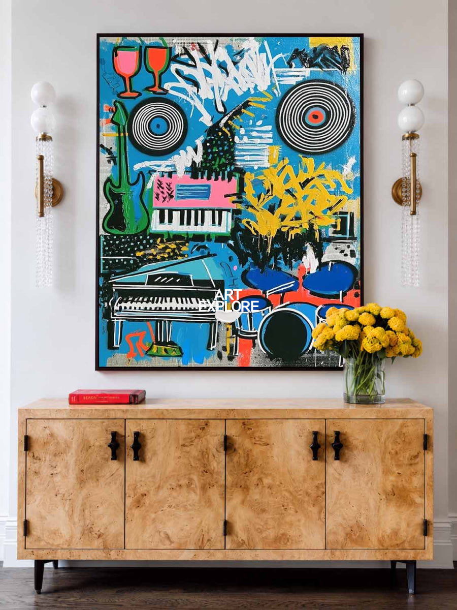 Vibrant Graffiti Music Painting With Blue Urban Jazz Instruments For Modern Home Decor