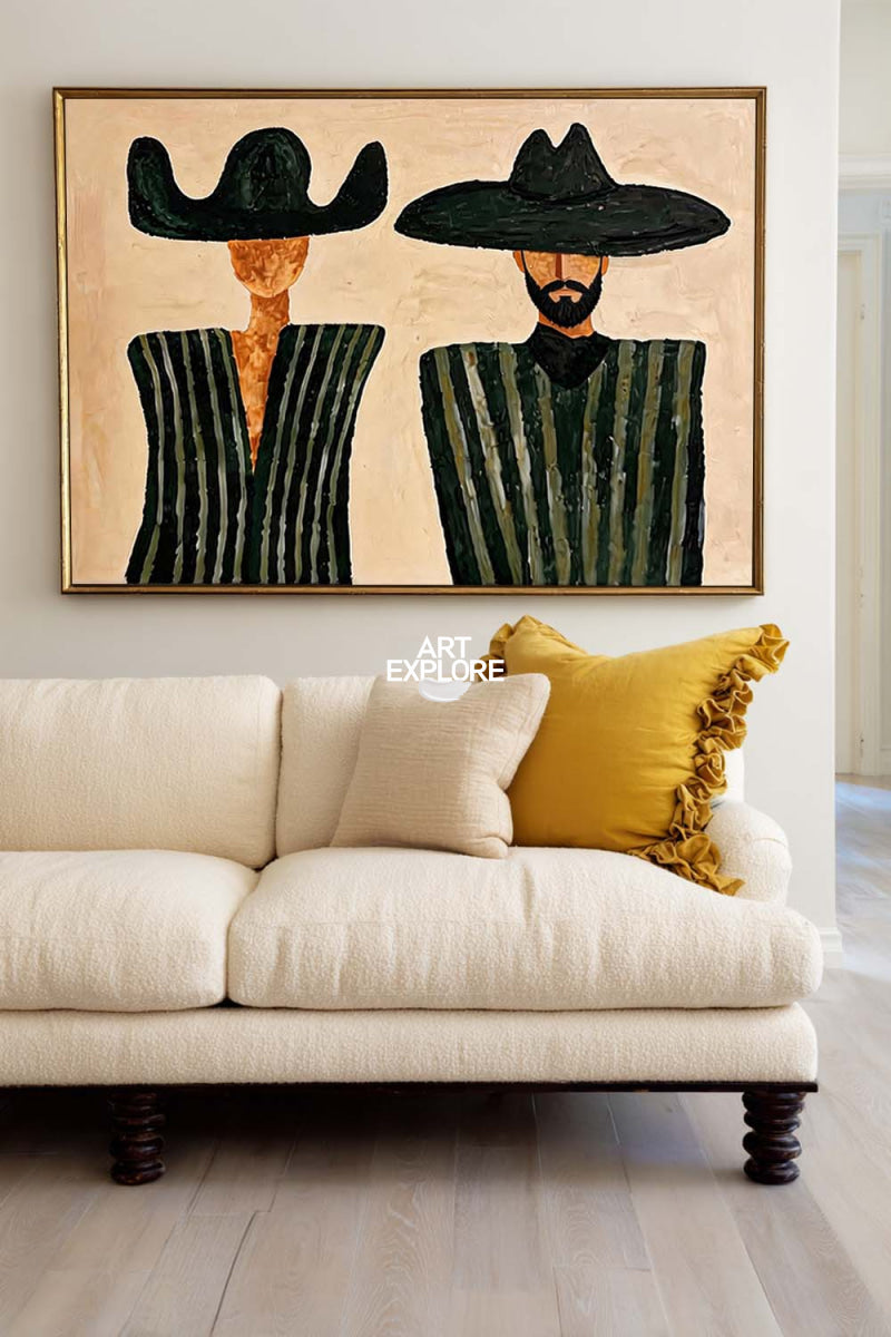 Minimalist Beige Cowboy Painting Horizontal Canvas Wall Art For Living Room And Office Decor