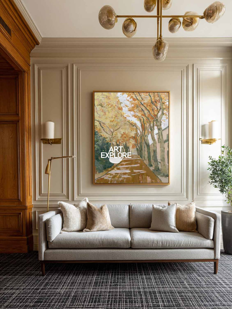 Abstract Tree Landscape Canvas Painting In Warm Gold And Brown Tones