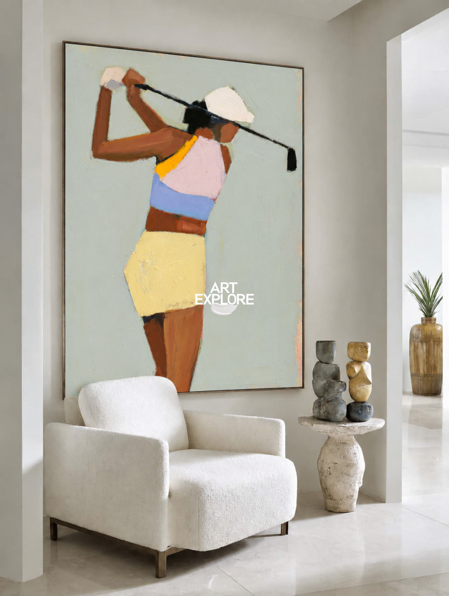 Abstract Golfer Painting Hand-Painted Canvas Wall Art In Green And Pastel Colors