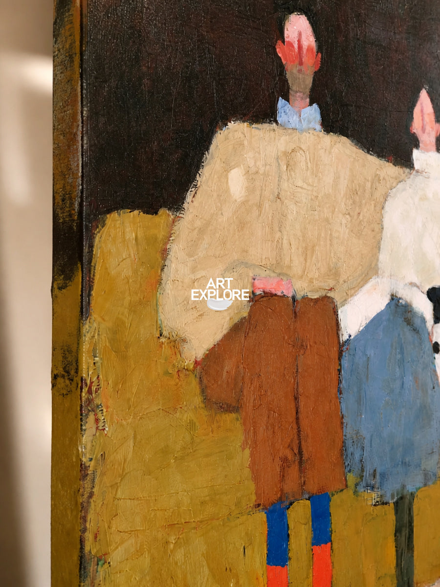Contemporary Square Oil Painting Of Couple With Pet In Brown Blue For Living Room Decor