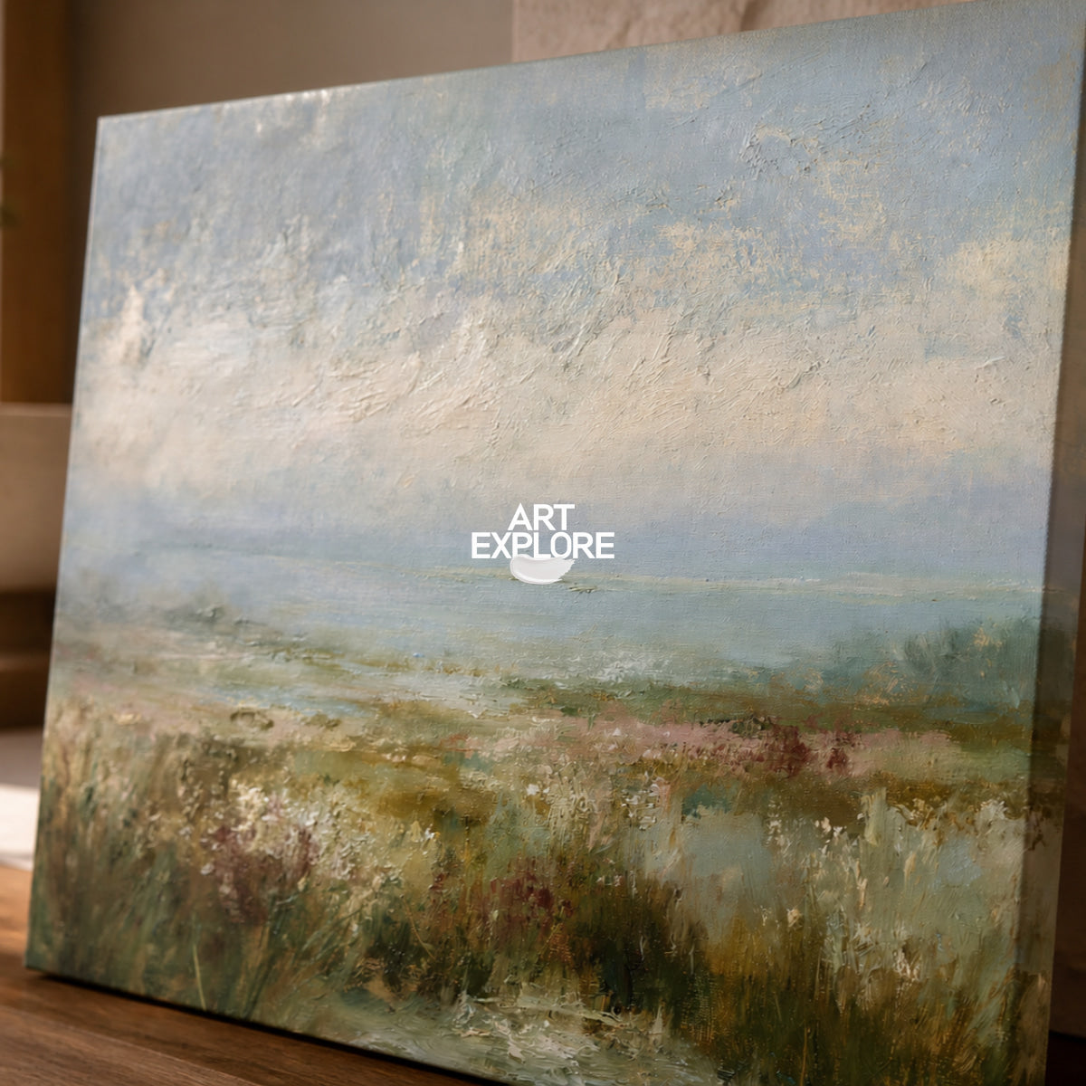 Hand-Painted Coastal Seascape Canvas Painting With Blue And Green Tones