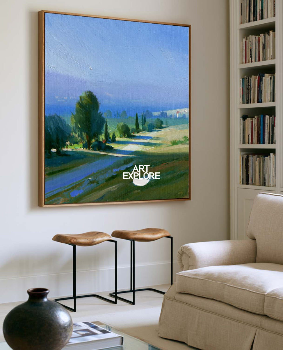 Modern Blue Green Landscape Painting Square Canvas Art For Living Room Decor