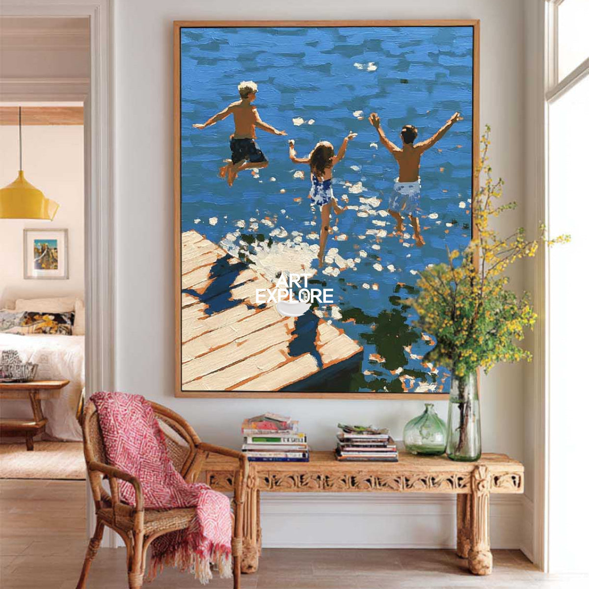 Abstract Blue Diving Art For Modern Coastal Living Room Decor