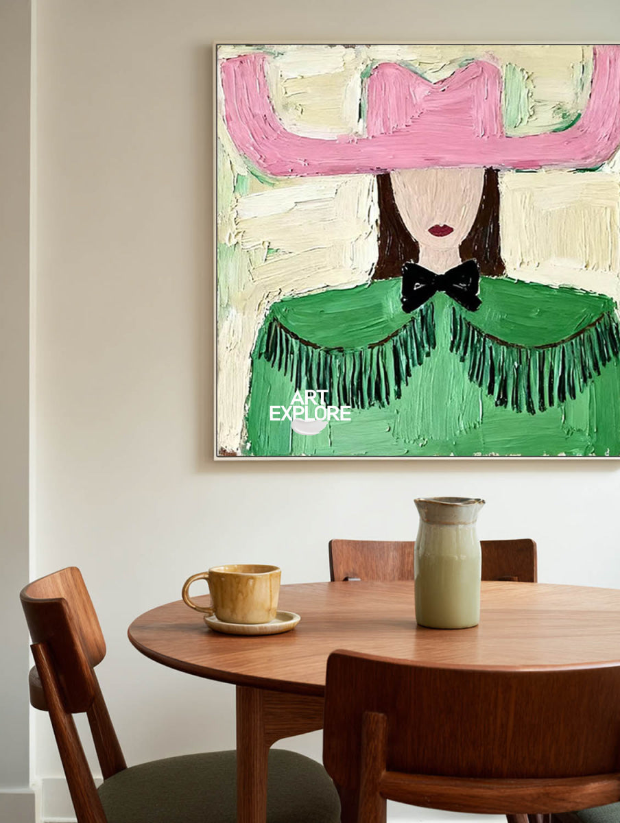 Charming Folk Art Painting With Pink Hat And Green Shawl For Modern Home Decor
