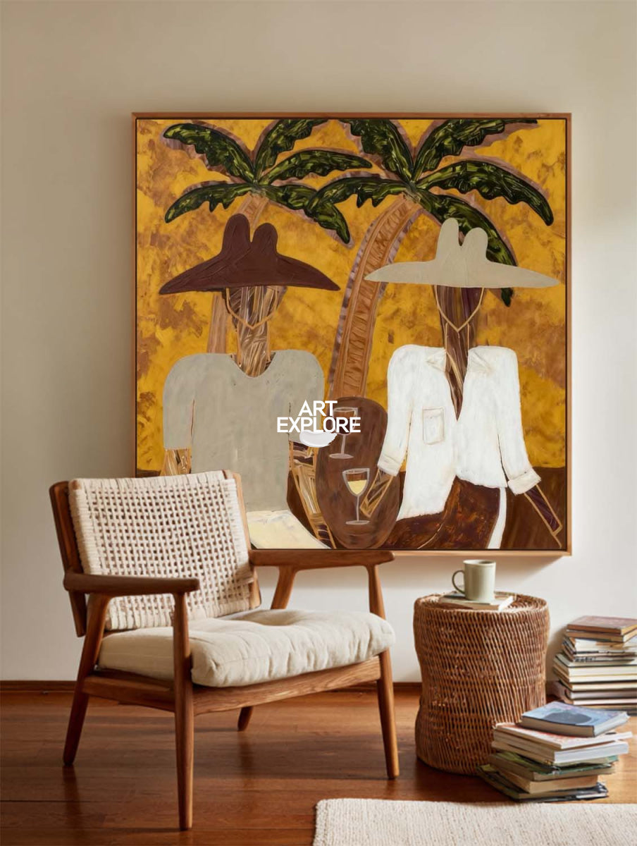 Tropical Minimalist Folk Art Painting Brown Green Beige Square Canvas Original Handmade