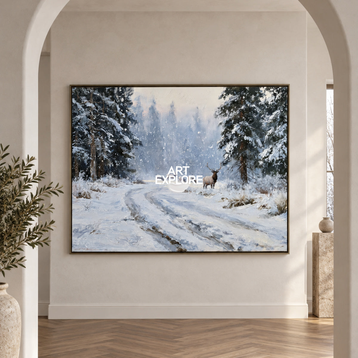 Hand-Painted Deer And Elk In Snowy Forest Canvas Painting