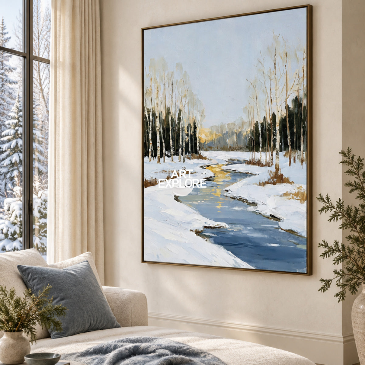 Abstract Winter Landscape Canvas Painting With Blue Stream And Birch Trees