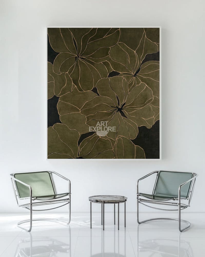 Handcrafted Wabi-Sabi Floral Canvas, Modern Dark Green Wall Art | ArtExplore