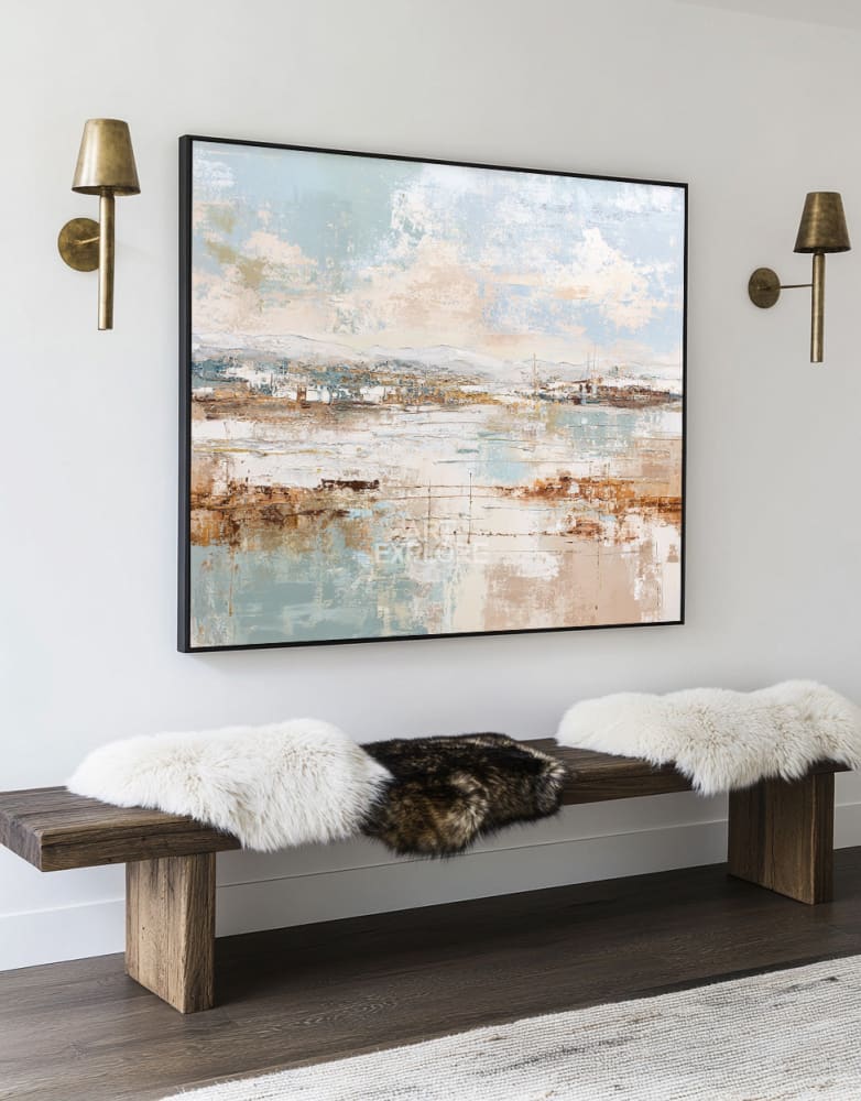 Handmade Beige Blue Texture Art | Large Minimalist Horizontal Canvas ArtExplore