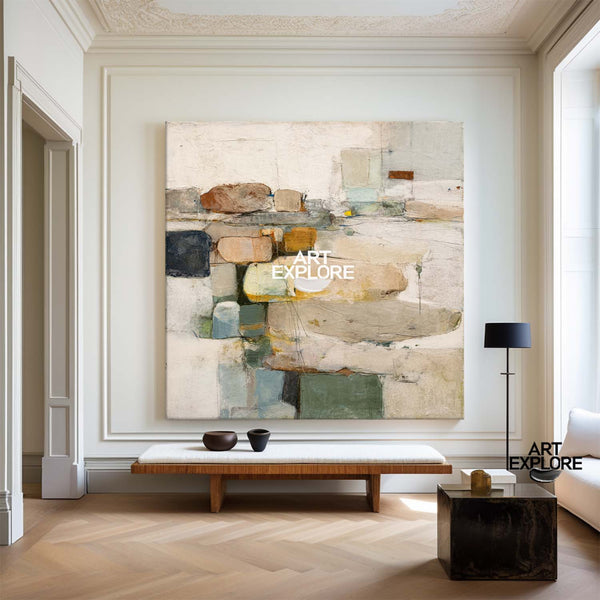 Handmade Beige Wabi-Sabi Painting | Textured Square Canvas for Big Interiors