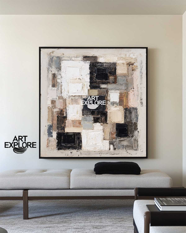 Handmade Beige Wabi-Sabi Square Painting | Textured Canvas Art for Big Spaces ArtExplore