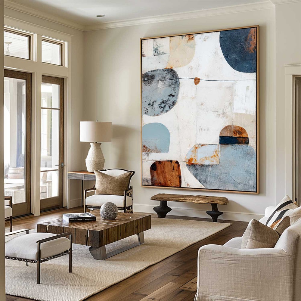 Handmade Blue Abstract Oil Painting – Large Canvas with Textured Wabi-Sabi Style