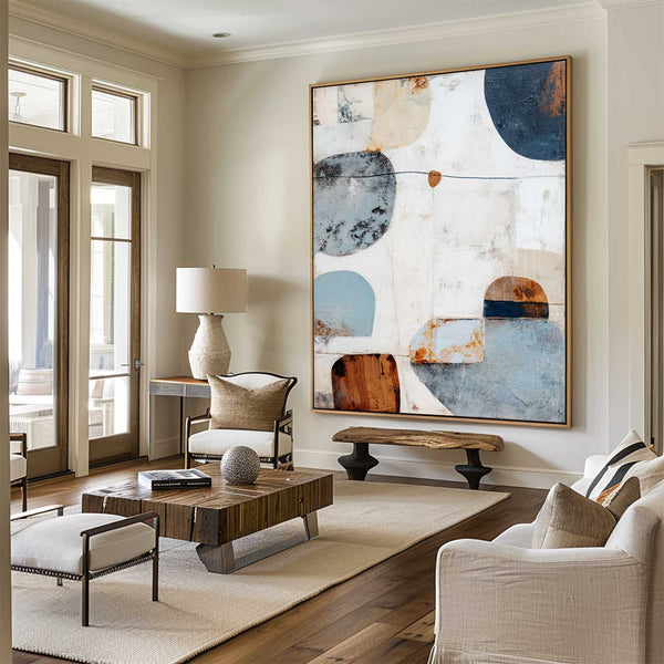 Handmade Blue Abstract Oil Painting – Large Canvas with Textured Wabi-Sabi Style