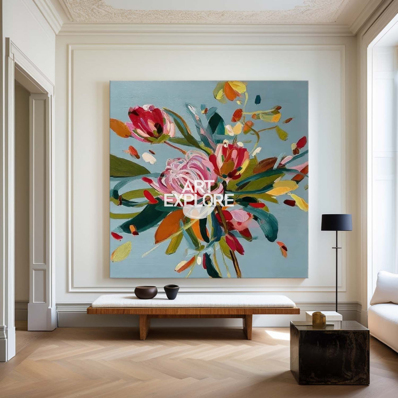 Handmade Blue Floral Oil Painting Large Colorful Impasto Wall Decor - ArtExplore