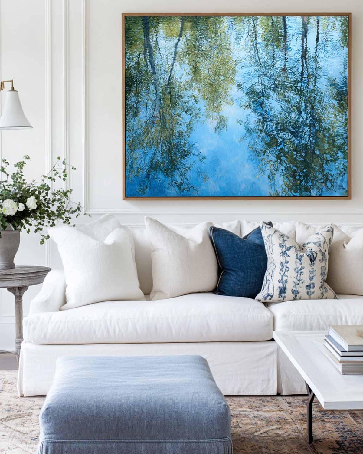Handmade Blue Lake Landscape Oil Canvas – Minimalist Large Wall Art for Dining Space | ArtExplore