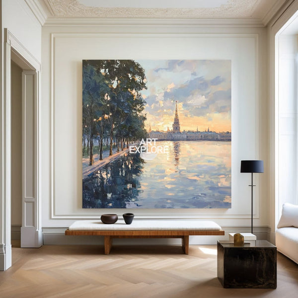 Handmade Blue Lake Landscape Texture Painting Minimalist Large Canvas Art | ArtExplore