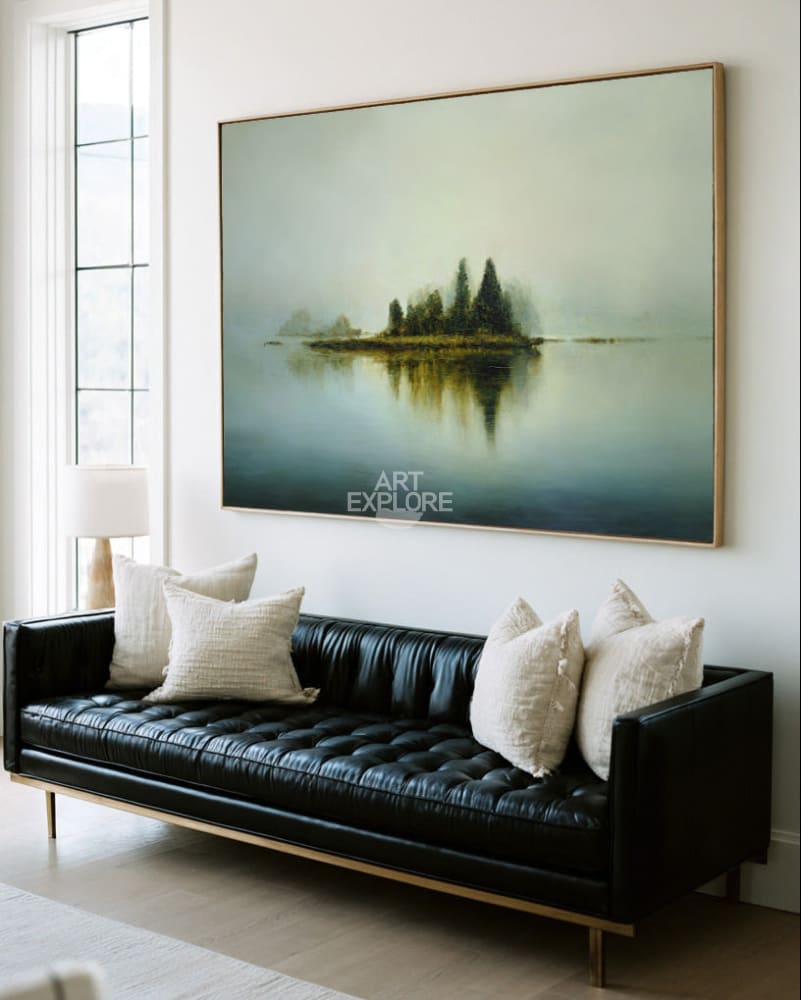 Handmade Blue Lake Scene | Large Horizontal Modern Landscape ArtExplore