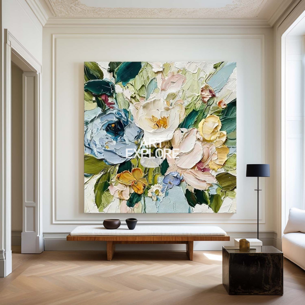 Handmade Blue & White Textured Flower Canvas Art for Cozy Living Room - ArtExplore